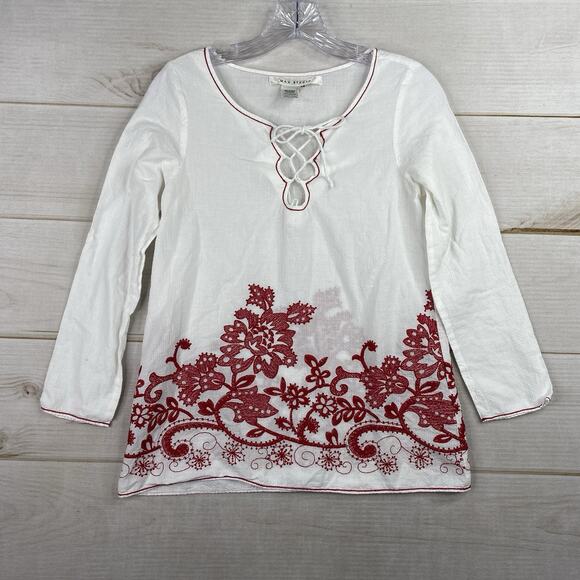 Max Studio Embroidered Peasant Blouse XS White Red Floral 100% Cotton 3/4 Slv - Picture 1 of 9